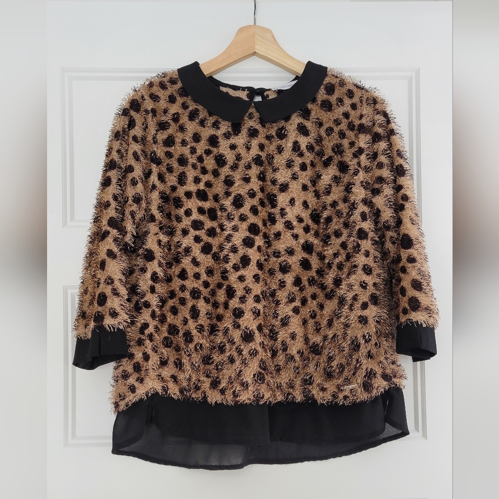 Leopard Print Fuzzy Sweater with Black Collar